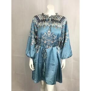 [183] CIEBON Dress XS Blue Satin Floral Shift Mini Belted 3/4 Sleeve Ruffle